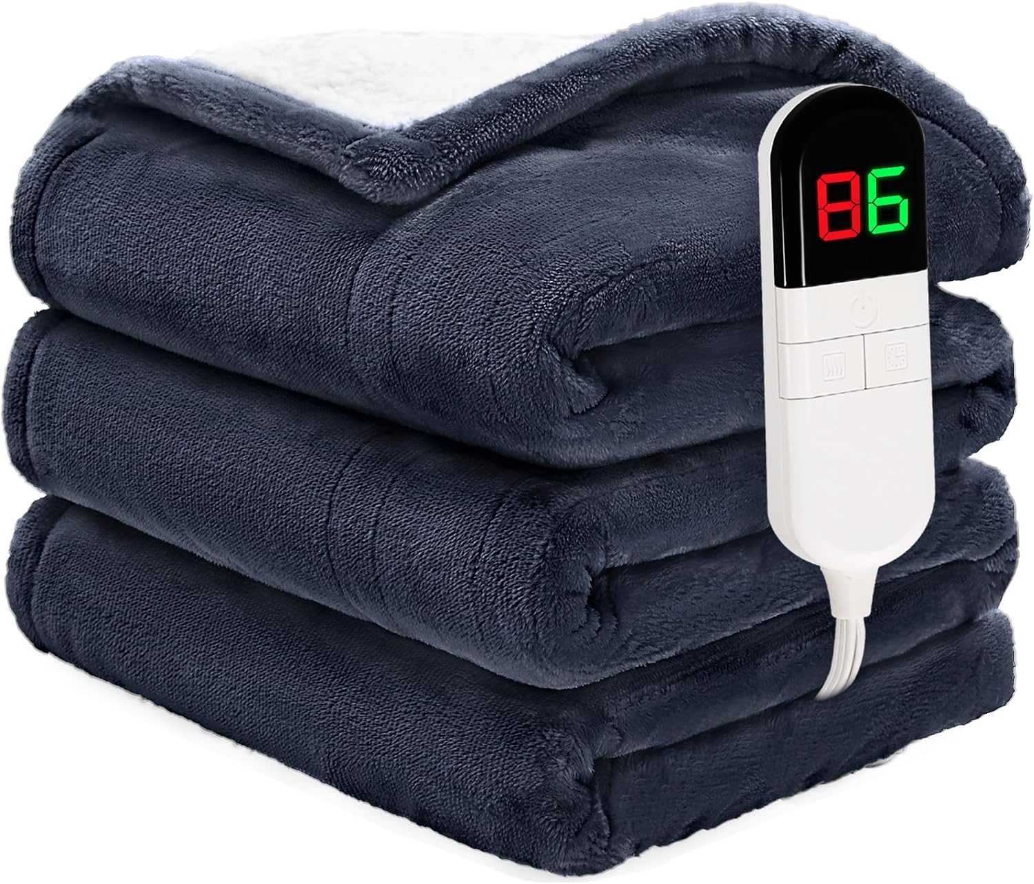 Heated Blanket Twin 62×84 - Premium Cosy Soft Electric Blanket with 6 Heating Levels,Fast Heating Flannel Sherpa Machine Washable Blanket for Bed & Couch - Auto Shut Off(Navy Blue)